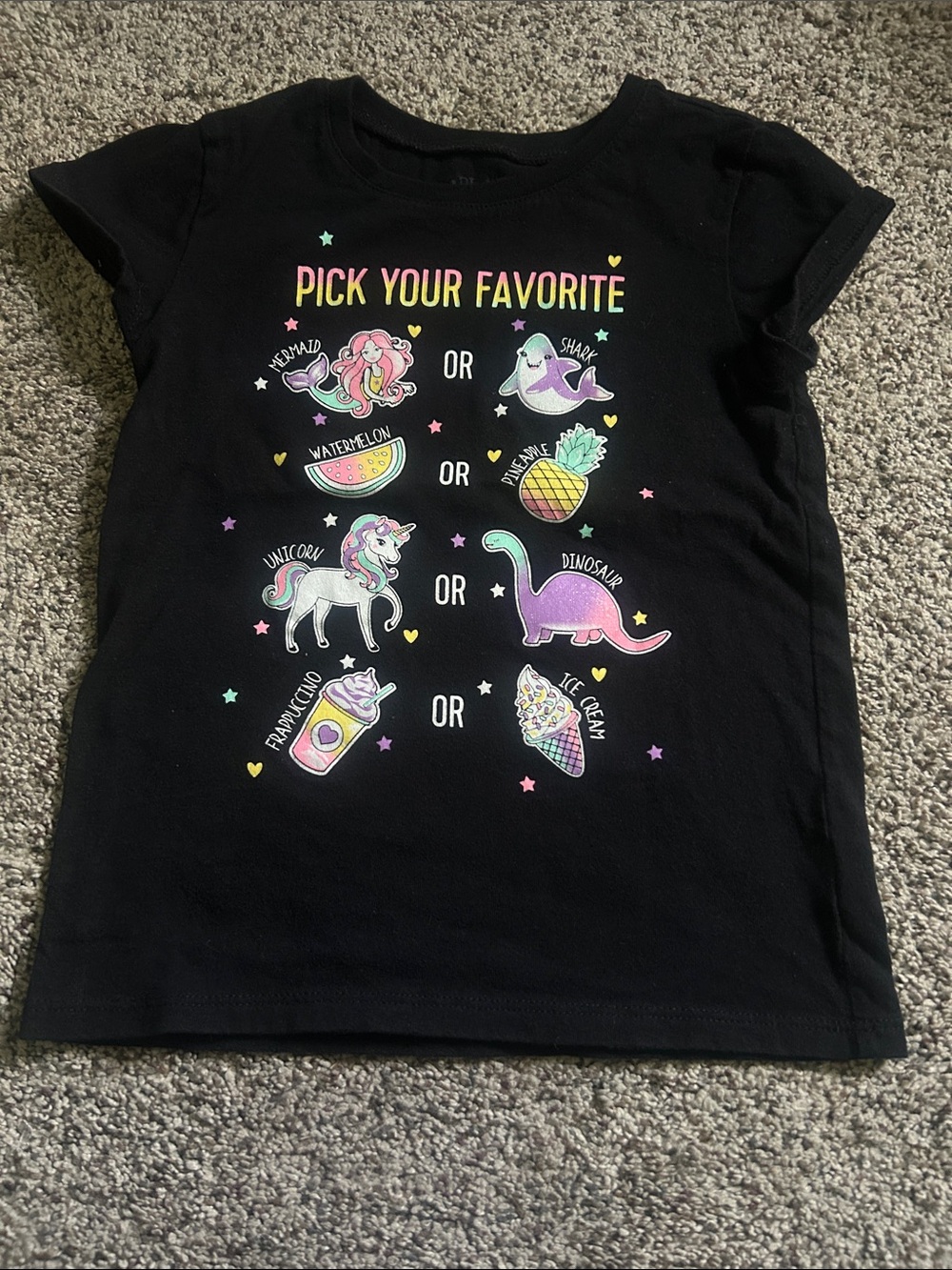 The Children's Place Black Short Sleeve Tee with Pastel Character Graphics